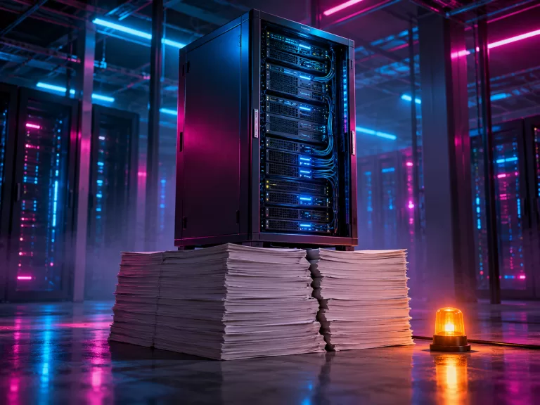 Conceptual server rack resting on a cracked stack of blank paper beside an amber warning lamp, lit in magenta and cyan; not a photograph of a CoreWeave facility.