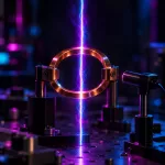 Conceptual laser-induced plasma filament centered within a copper capacitive ring on an optical bench, with a nearby receiver probe and cyan-magenta lighting.