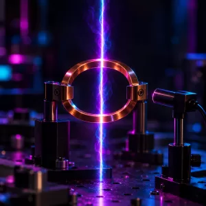 Conceptual laser-induced plasma filament centered within a copper capacitive ring on an optical bench, with a nearby receiver probe and cyan-magenta lighting.