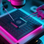 Ilustración conceptual de una matriz rectangular de transistores examinada con puntas de prueba bajo un microscopio
