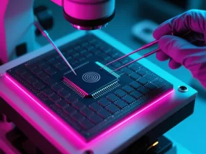 Ilustración conceptual de una matriz rectangular de transistores examinada con puntas de prueba bajo un microscopio