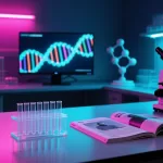 Ilustración conceptual de un laboratorio de biología molecular con muestras, microscopio y patrones de ADN en una pantalla