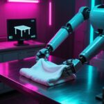 Conceptual editorial illustration: Whether simulation-first coding agents can reduce physical robot training for manipulation without hiding substantial simulated work or human resets