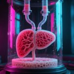 Conceptual editorial illustration: Whether ARPA-H's Prometheus project can turn hypoimmune stem cells and porous-bed bioprinting into a universal transplantable liver graft