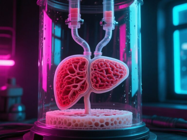 Conceptual editorial illustration: Whether ARPA-H's Prometheus project can turn hypoimmune stem cells and porous-bed bioprinting into a universal transplantable liver graft