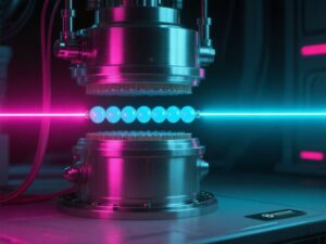 Conceptual editorial illustration: What a 13-ion trapped-ion quantum simulator actually demonstrated about string breaking, effective charge-pair formation and the limits of Big Bang co